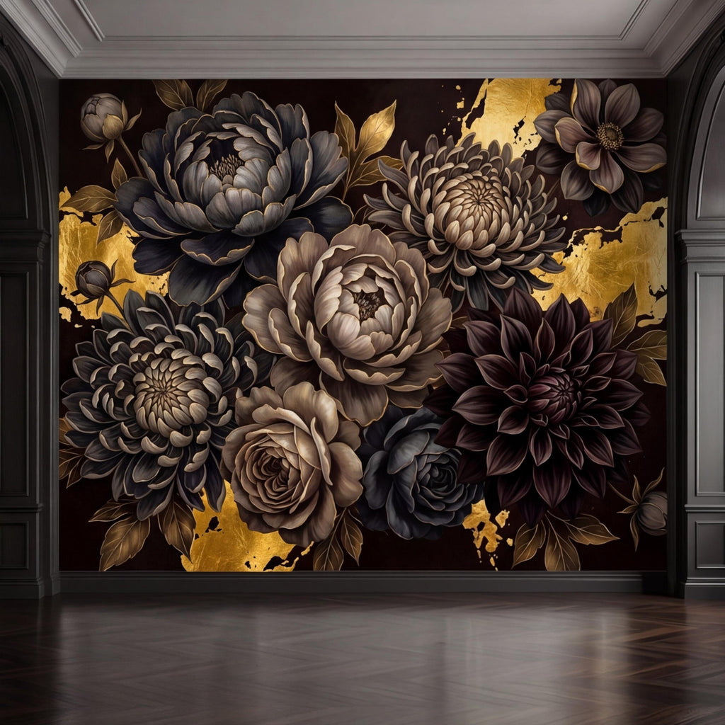 Peel and Stick Wall Mural Dark Floral Gold Accents Peony Dahlia Rose, Black Brown Luxury Flower Wallpaper Bedroom Living Room