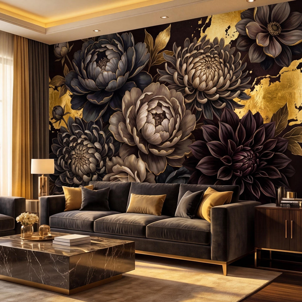Peel and Stick Wall Mural Dark Floral Gold Accents Peony Dahlia Rose, Black Brown Luxury Flower Wallpaper Bedroom Living Room