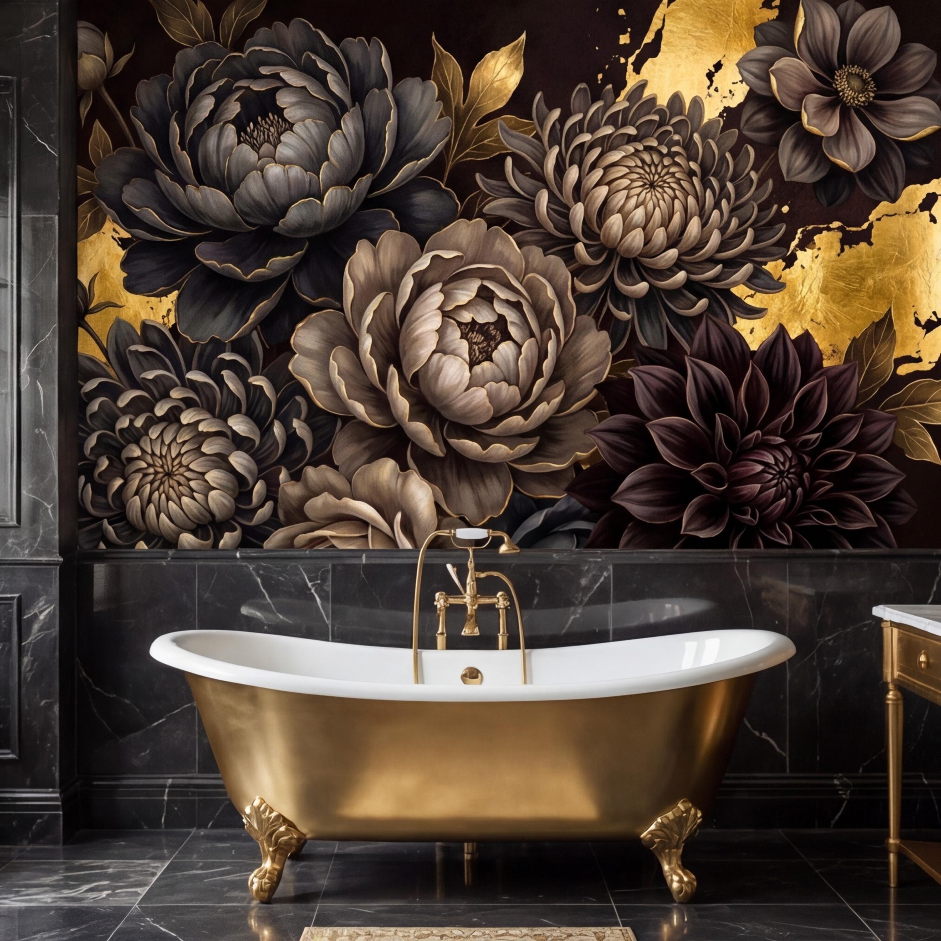Peel and Stick Wall Mural Dark Floral Gold Accents Peony Dahlia Rose, Black Brown Luxury Flower Wallpaper Bedroom Living Room