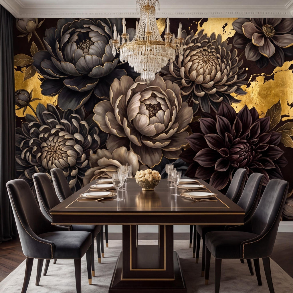 Peel and Stick Wall Mural Dark Floral Gold Accents Peony Dahlia Rose, Black Brown Luxury Flower Wallpaper Bedroom Living Room