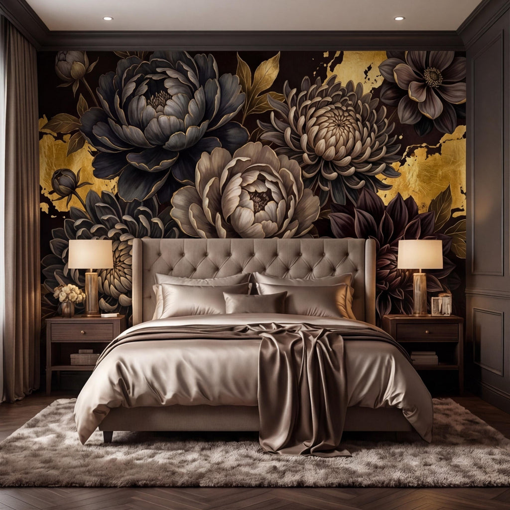 Peel and Stick Wall Mural Dark Floral Gold Accents Peony Dahlia Rose, Black Brown Luxury Flower Wallpaper Bedroom Living Room