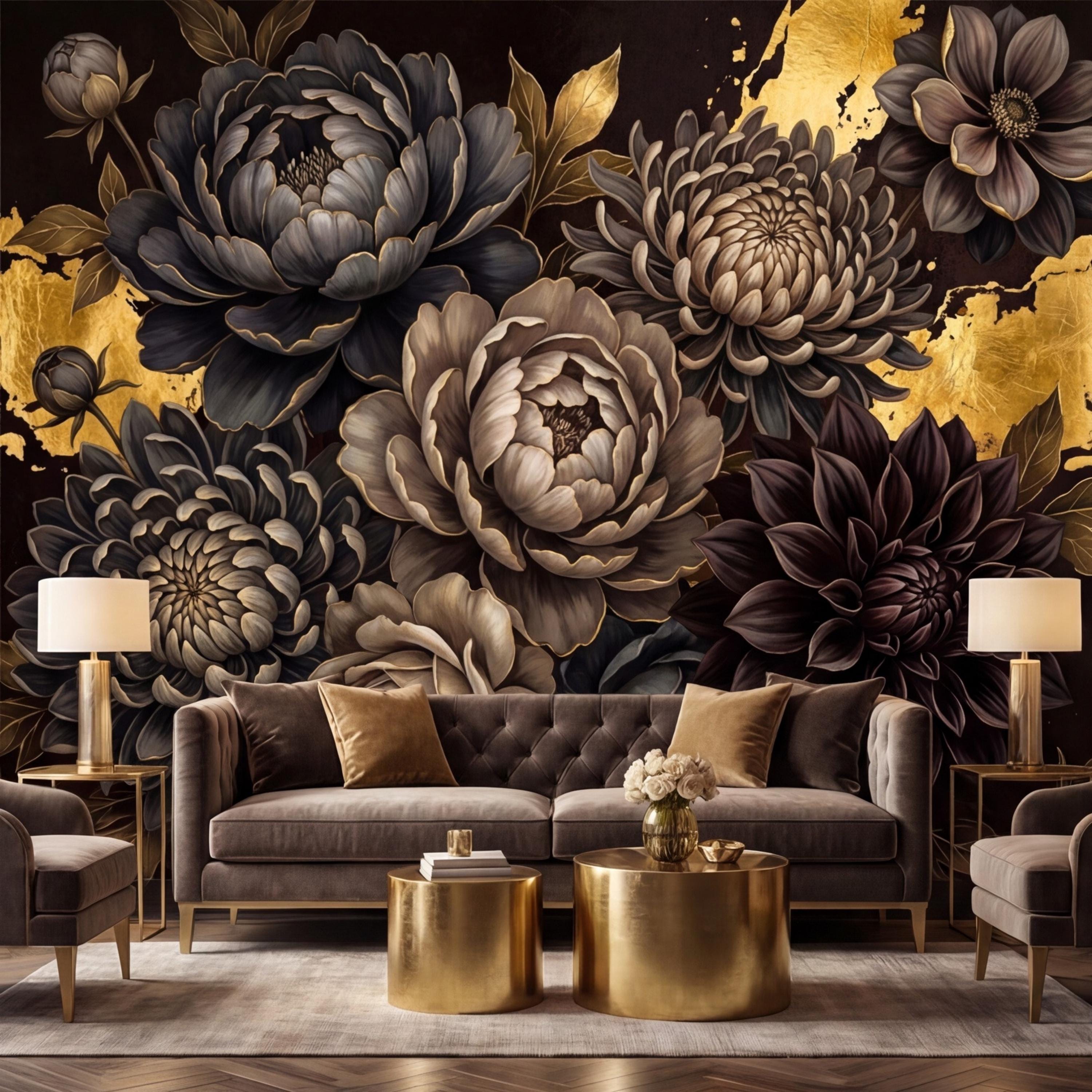 Peel and Stick Wall Mural Dark Floral Gold Accents Peony Dahlia Rose, Black Brown Luxury Flower Wallpaper Bedroom Living Room