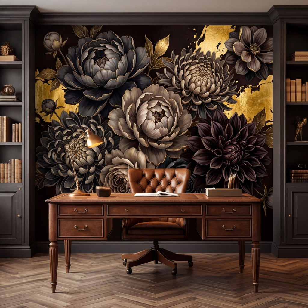 Peel and Stick Wall Mural Dark Floral Gold Accents Peony Dahlia Rose, Black Brown Luxury Flower Wallpaper Bedroom Living Room