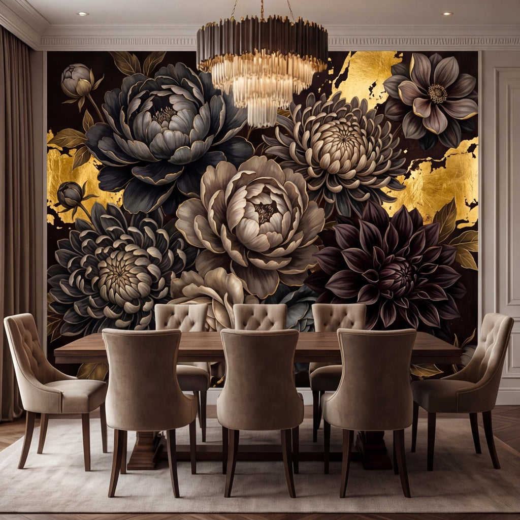 Peel and Stick Wall Mural Dark Floral Gold Accents Peony Dahlia Rose, Black Brown Luxury Flower Wallpaper Bedroom Living Room