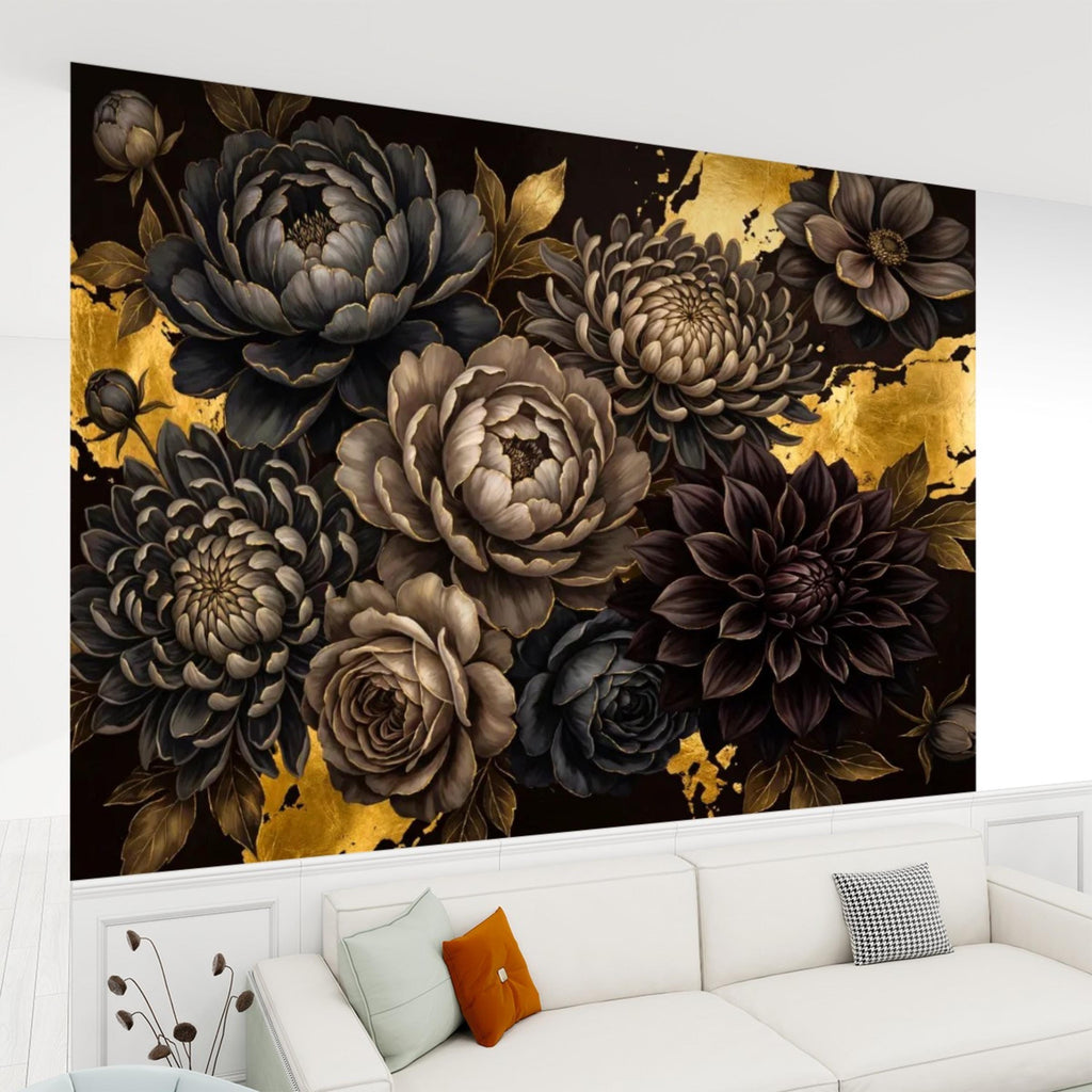 Peel and Stick Wall Mural Dark Floral Gold Accents Peony Dahlia Rose, Black Brown Luxury Flower Wallpaper Bedroom Living Room