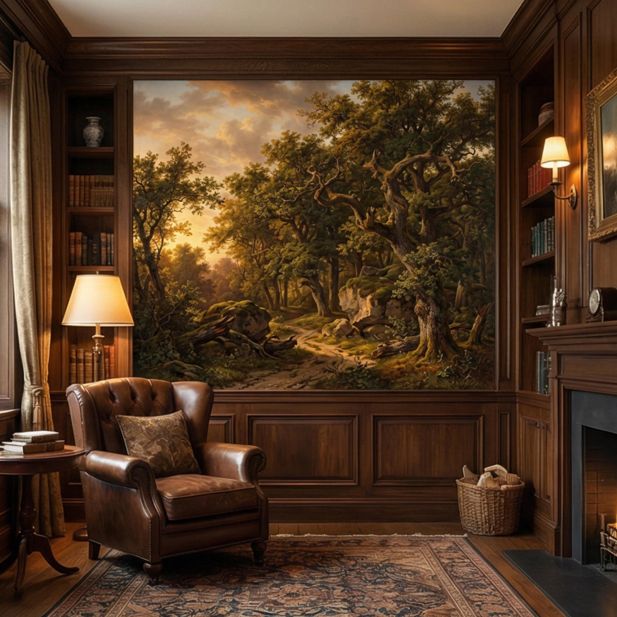 Woodland forest wall mural above brown leather armchair and fireplace mantel