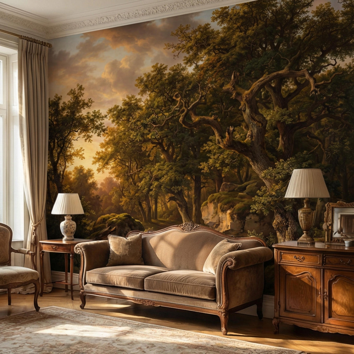 Moody woodland forest wall mural with sweeping tree canopy and warm sunlight