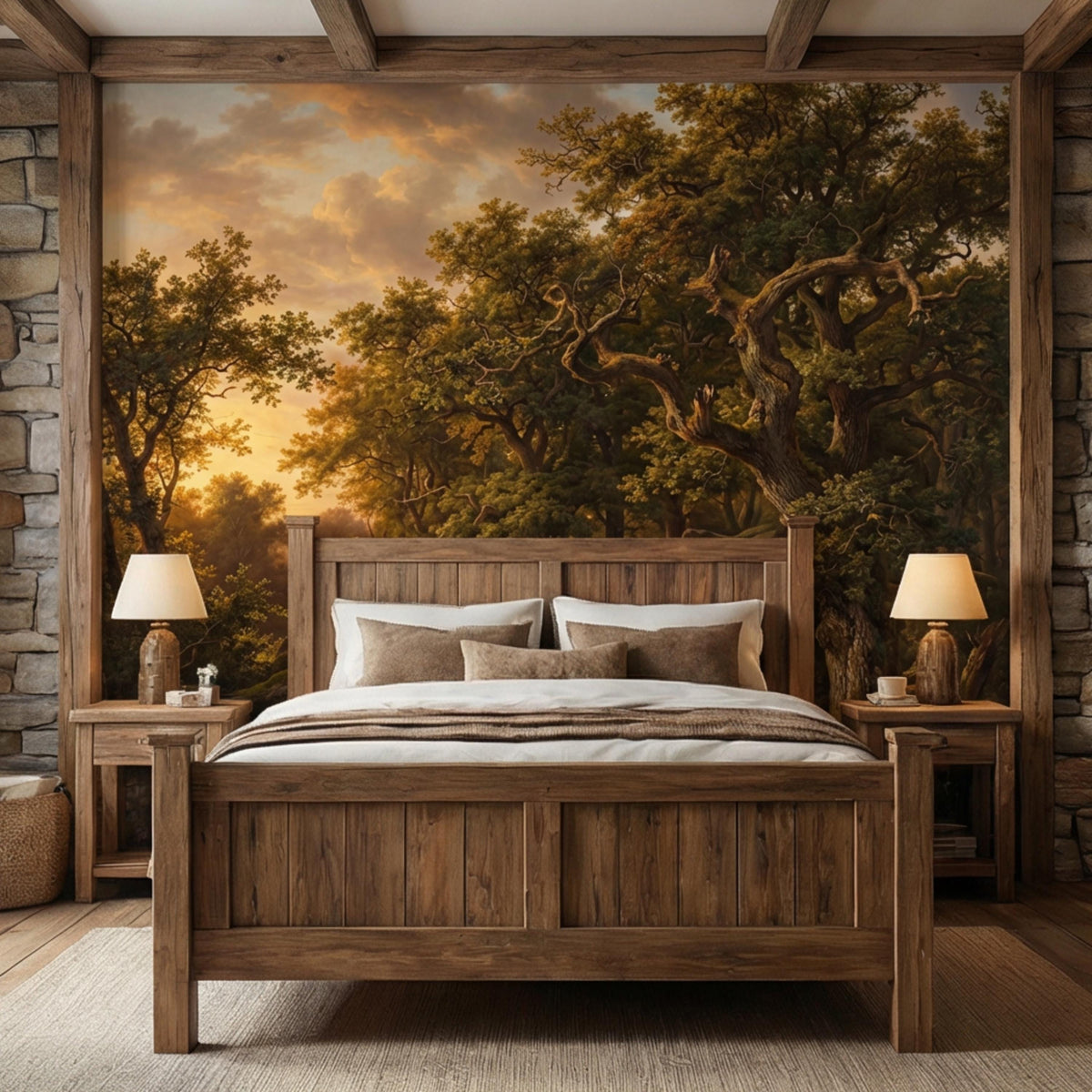 Forest landscape wall mural with golden trees and sunlit path