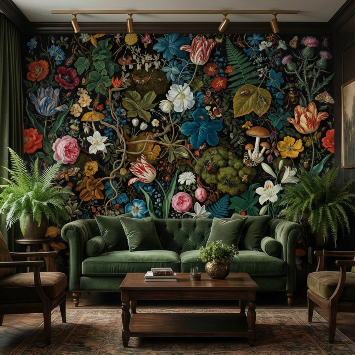 Dark botanical wall mural filling the wall with wildflowers, mushrooms, and insects
