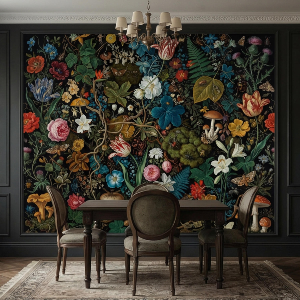 Dark botanical wall mural featuring wildflowers, mushrooms, and moths with a dense garden pattern