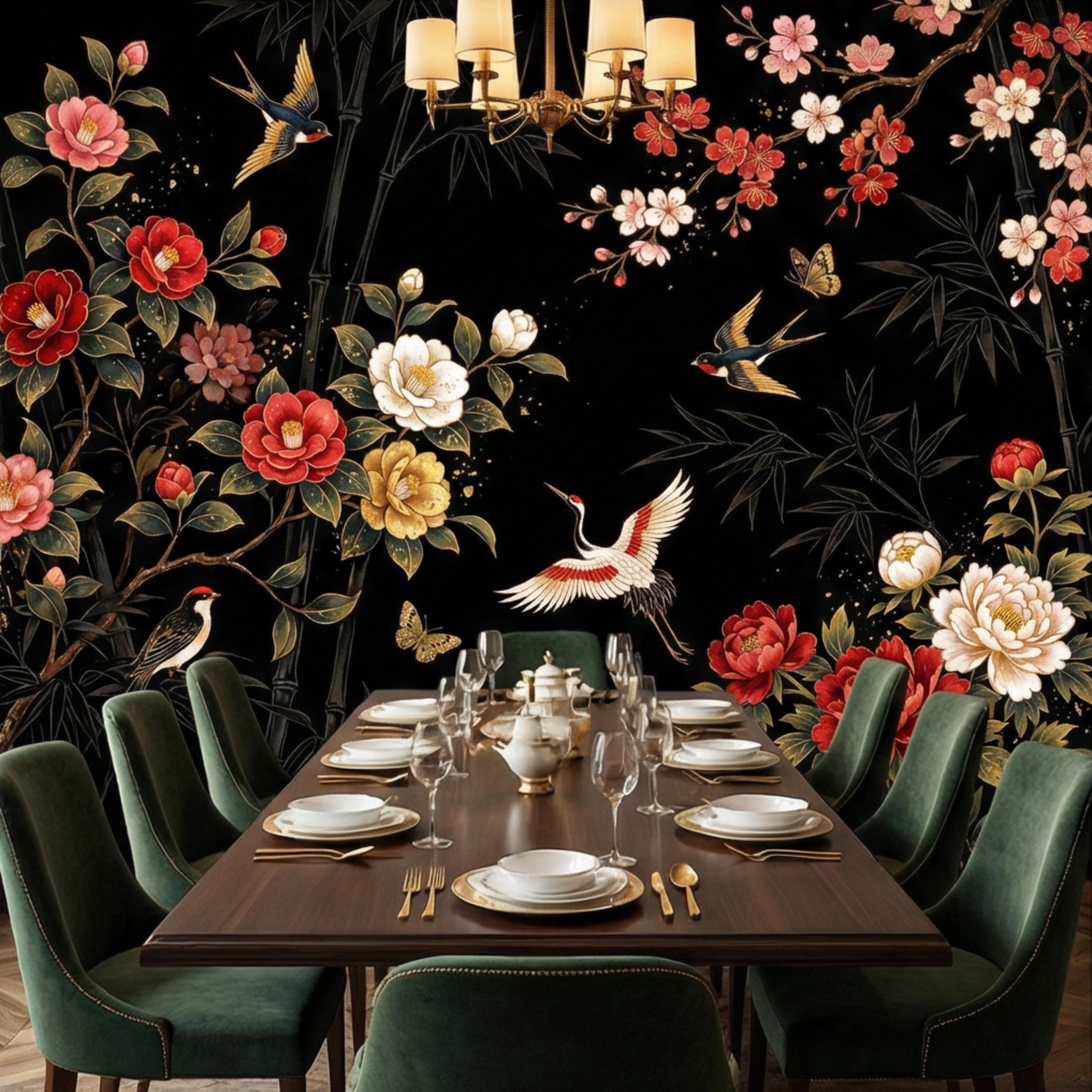 Black Chinoiserie Floral Birds & Bamboo Peel and Stick Wall Mural, Red Peony Camellia Cherry Blossoms Crane Wallpaper Decor