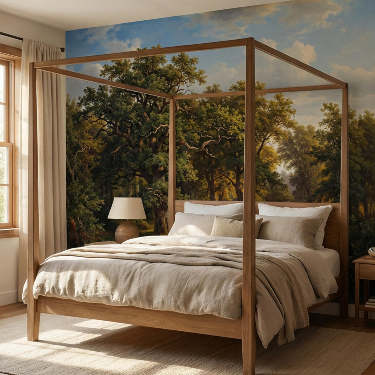 Sunlit forest landscape wall mural with broad green canopy and glowing path scene