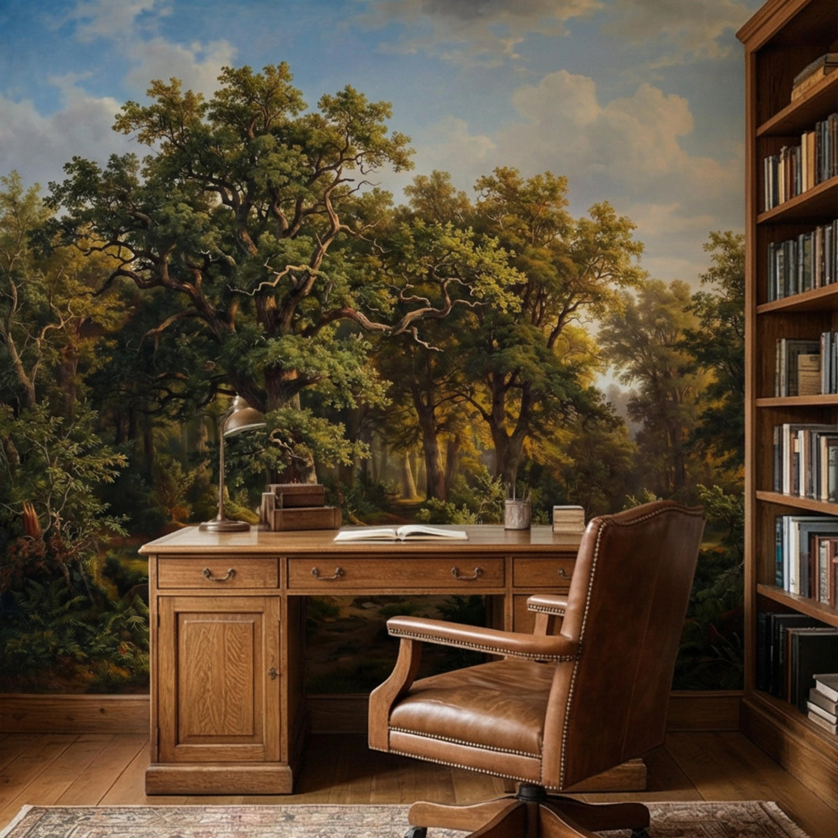 Green forest wall mural with winding sunlit path, tree branches, and layered foliage