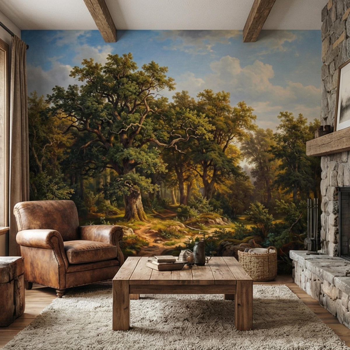 Forest landscape wall mural with sunlit woodland path and dense green trees under sky
