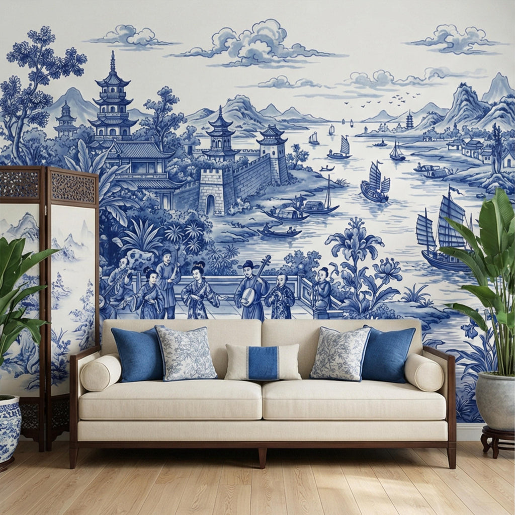 Blue & White Chinoiserie Toile Peel and Stick Wall Mural, Pagoda River Scene with Sailboats, Vintage Asian Landscape Wallpaper