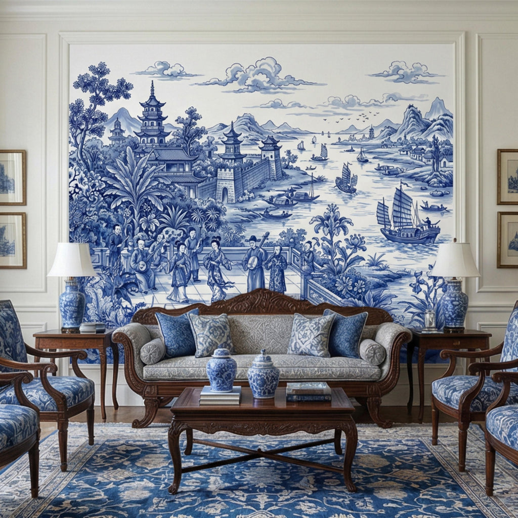 Blue & White Chinoiserie Toile Peel and Stick Wall Mural, Pagoda River Scene with Sailboats, Vintage Asian Landscape Wallpaper