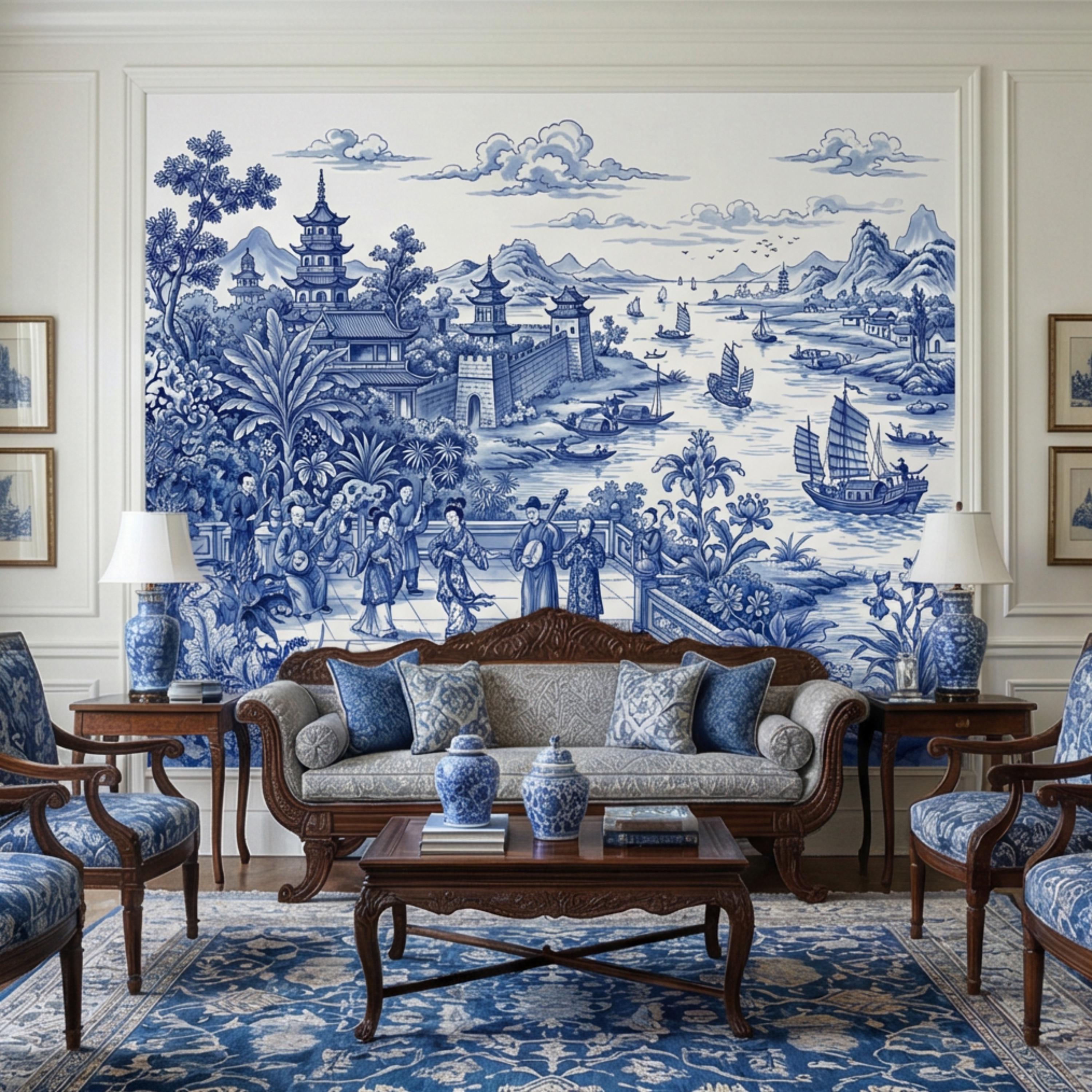Blue & White Chinoiserie Toile Peel and Stick Wall Mural, Pagoda River Scene with Sailboats, Vintage Asian Landscape Wallpaper