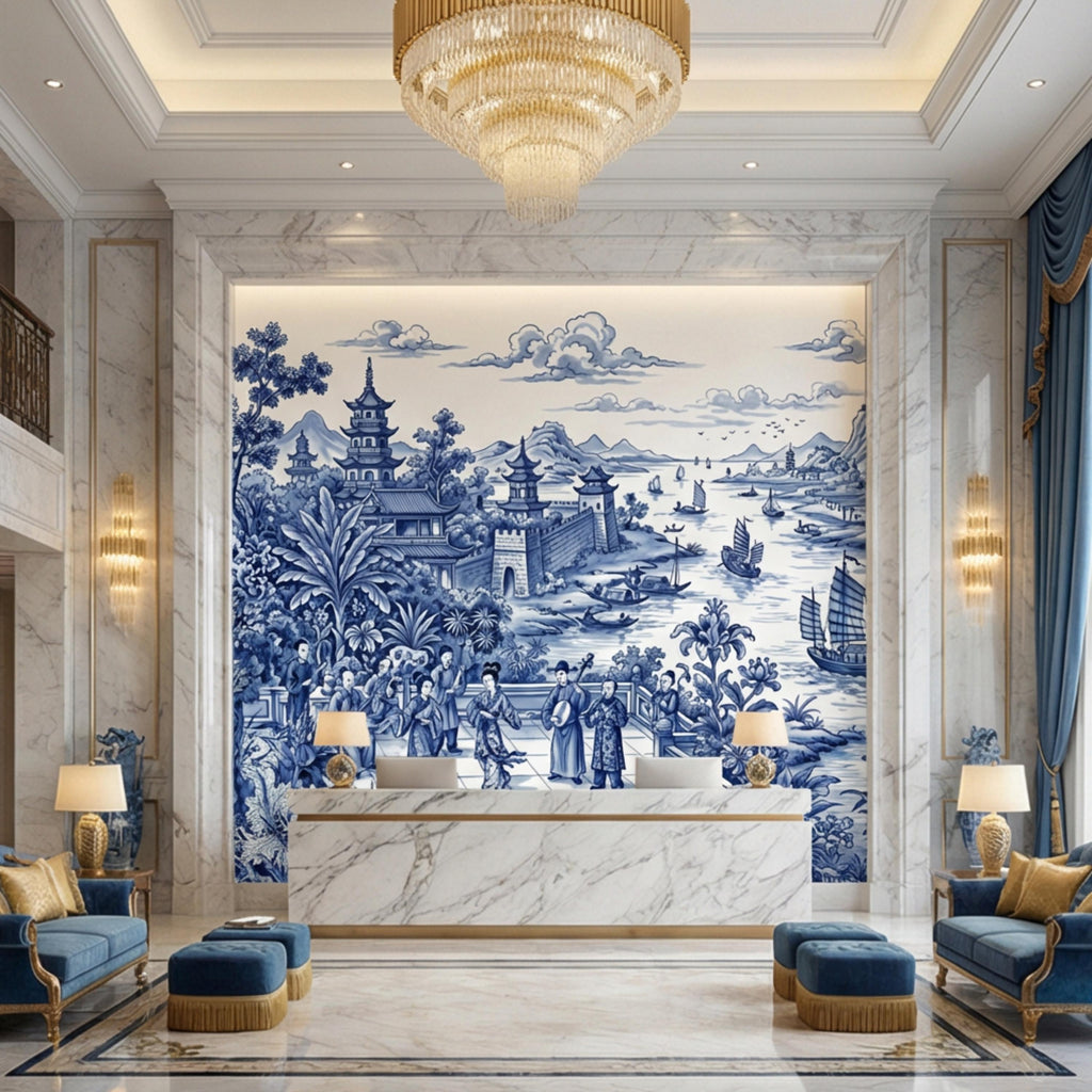 Blue & White Chinoiserie Toile Peel and Stick Wall Mural, Pagoda River Scene with Sailboats, Vintage Asian Landscape Wallpaper