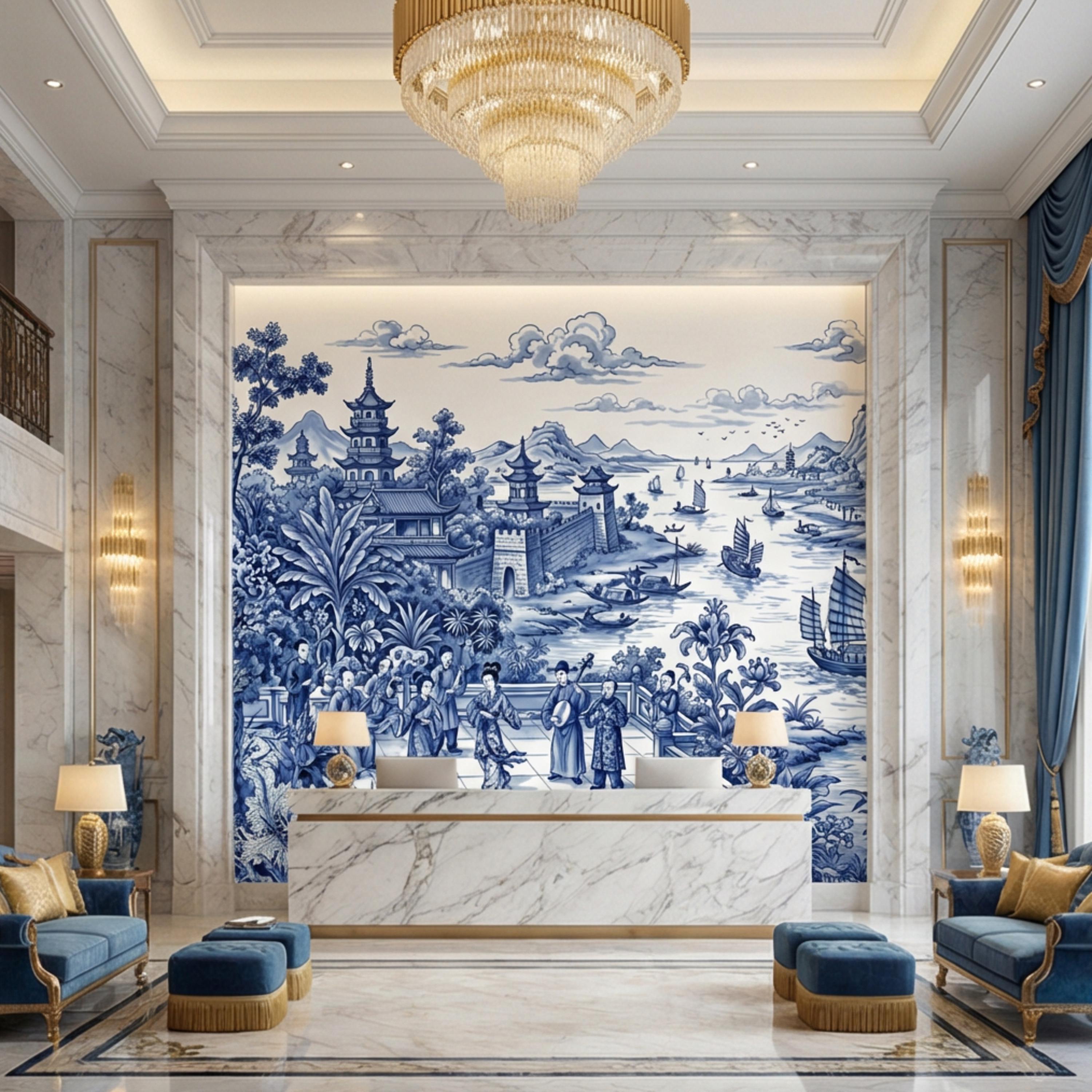 Blue & White Chinoiserie Toile Peel and Stick Wall Mural, Pagoda River Scene with Sailboats, Vintage Asian Landscape Wallpaper