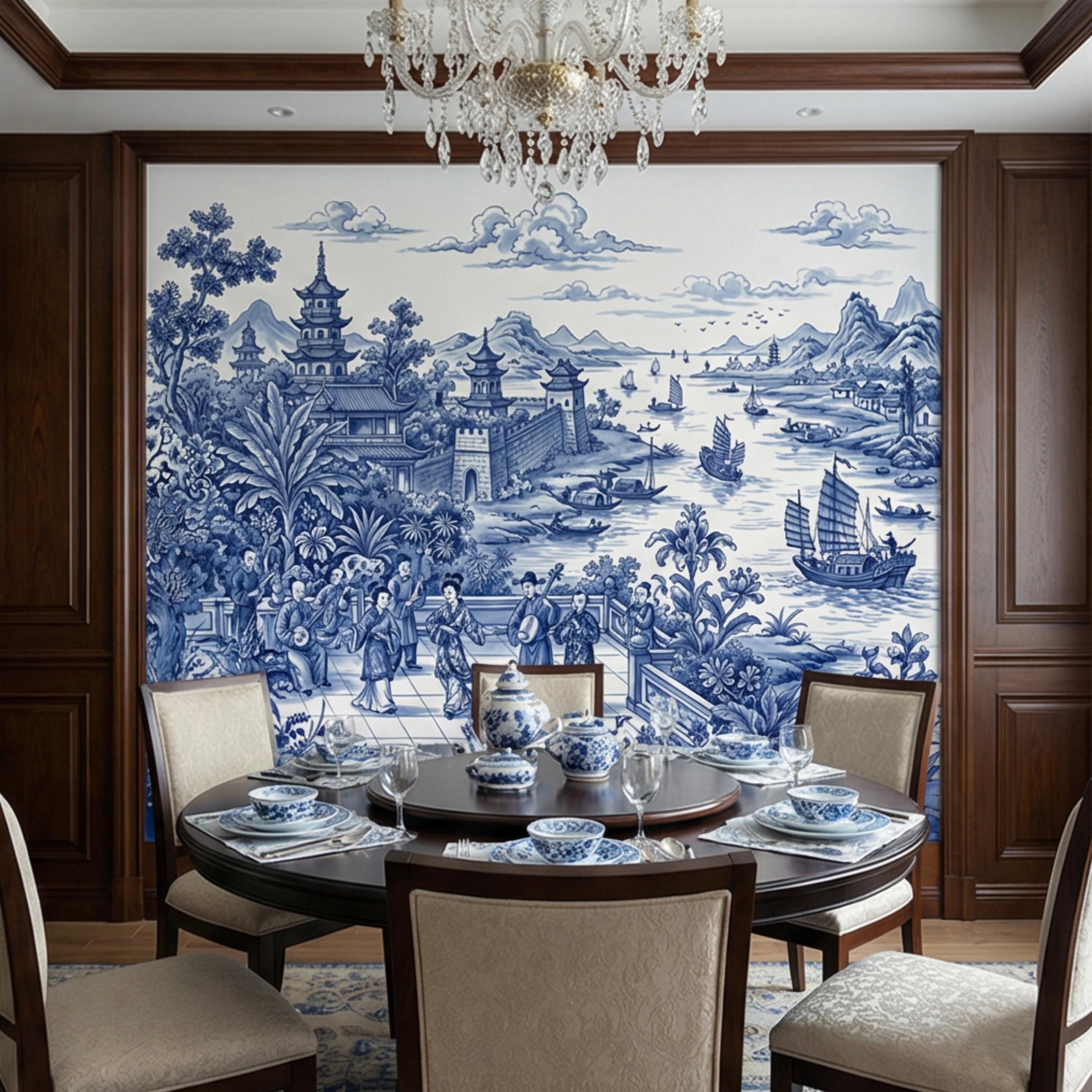 Blue & White Chinoiserie Toile Peel and Stick Wall Mural, Pagoda River Scene with Sailboats, Vintage Asian Landscape Wallpaper