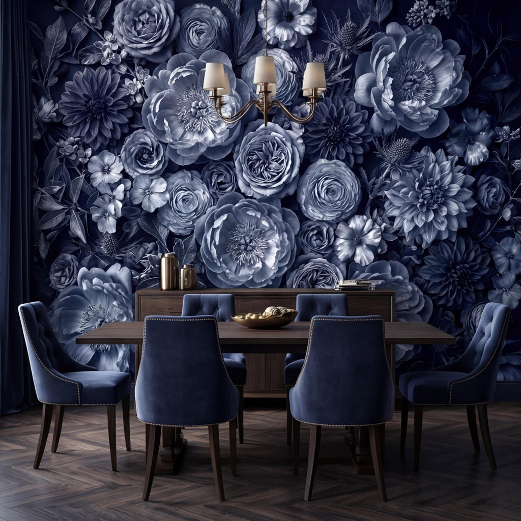 Dark Blue Floral Peel and Stick Wall Mural, Moody Monochrome Peony Rose Dahlia Wallpaper, Elegant Flower Wall Decor