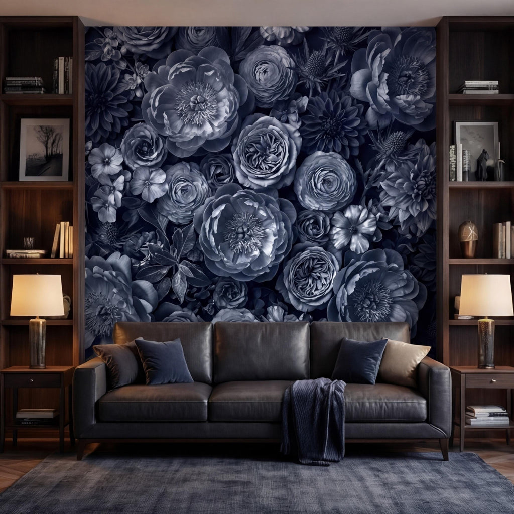 Dark Blue Floral Peel and Stick Wall Mural, Moody Monochrome Peony Rose Dahlia Wallpaper, Elegant Flower Wall Decor