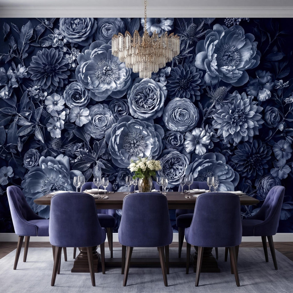 Dark Blue Floral Peel and Stick Wall Mural, Moody Monochrome Peony Rose Dahlia Wallpaper, Elegant Flower Wall Decor