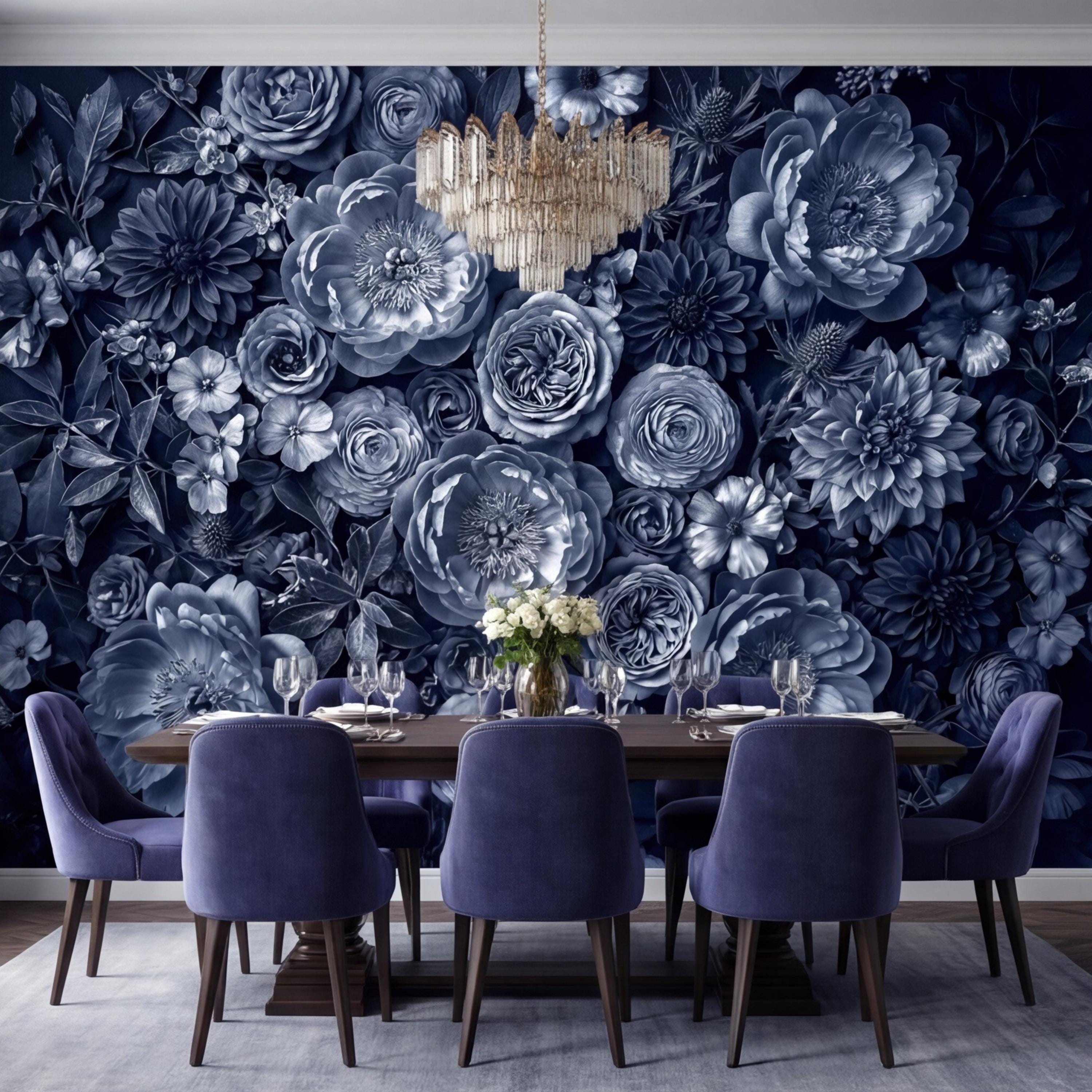 Dark Blue Floral Peel and Stick Wall Mural, Moody Monochrome Peony Rose Dahlia Wallpaper, Elegant Flower Wall Decor