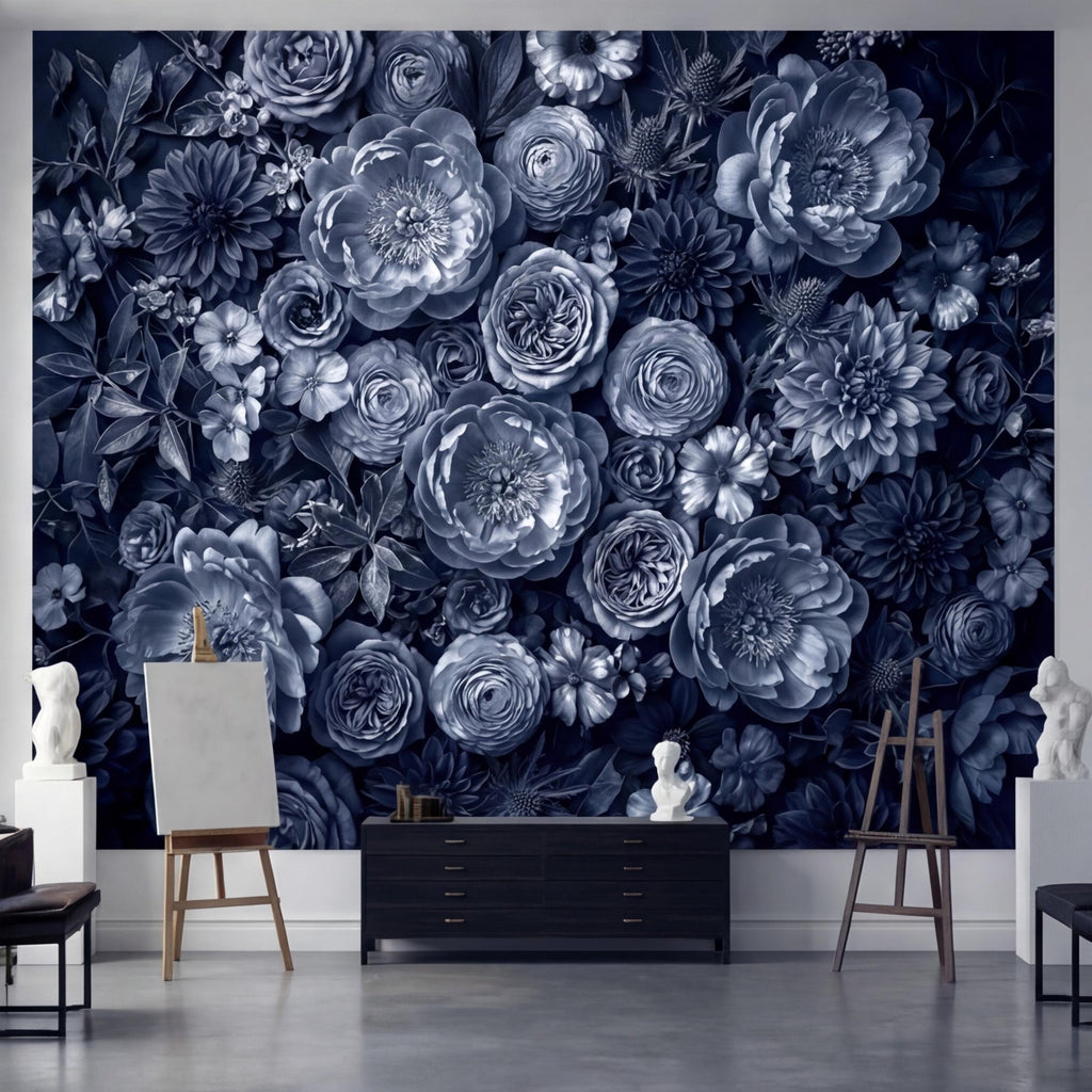 Dark Blue Floral Peel and Stick Wall Mural, Moody Monochrome Peony Rose Dahlia Wallpaper, Elegant Flower Wall Decor