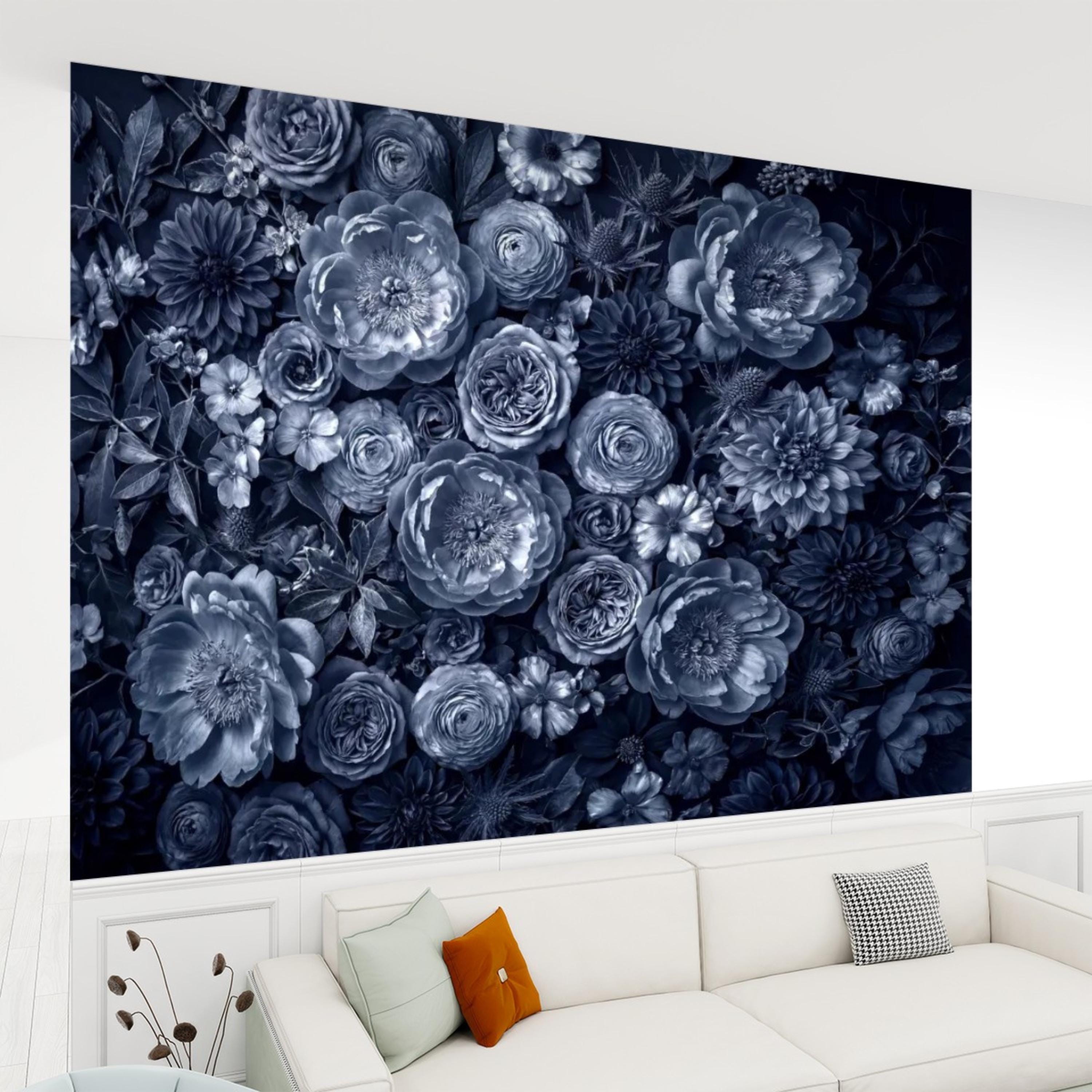 Dark Blue Floral Peel and Stick Wall Mural, Moody Monochrome Peony Rose Dahlia Wallpaper, Elegant Flower Wall Decor