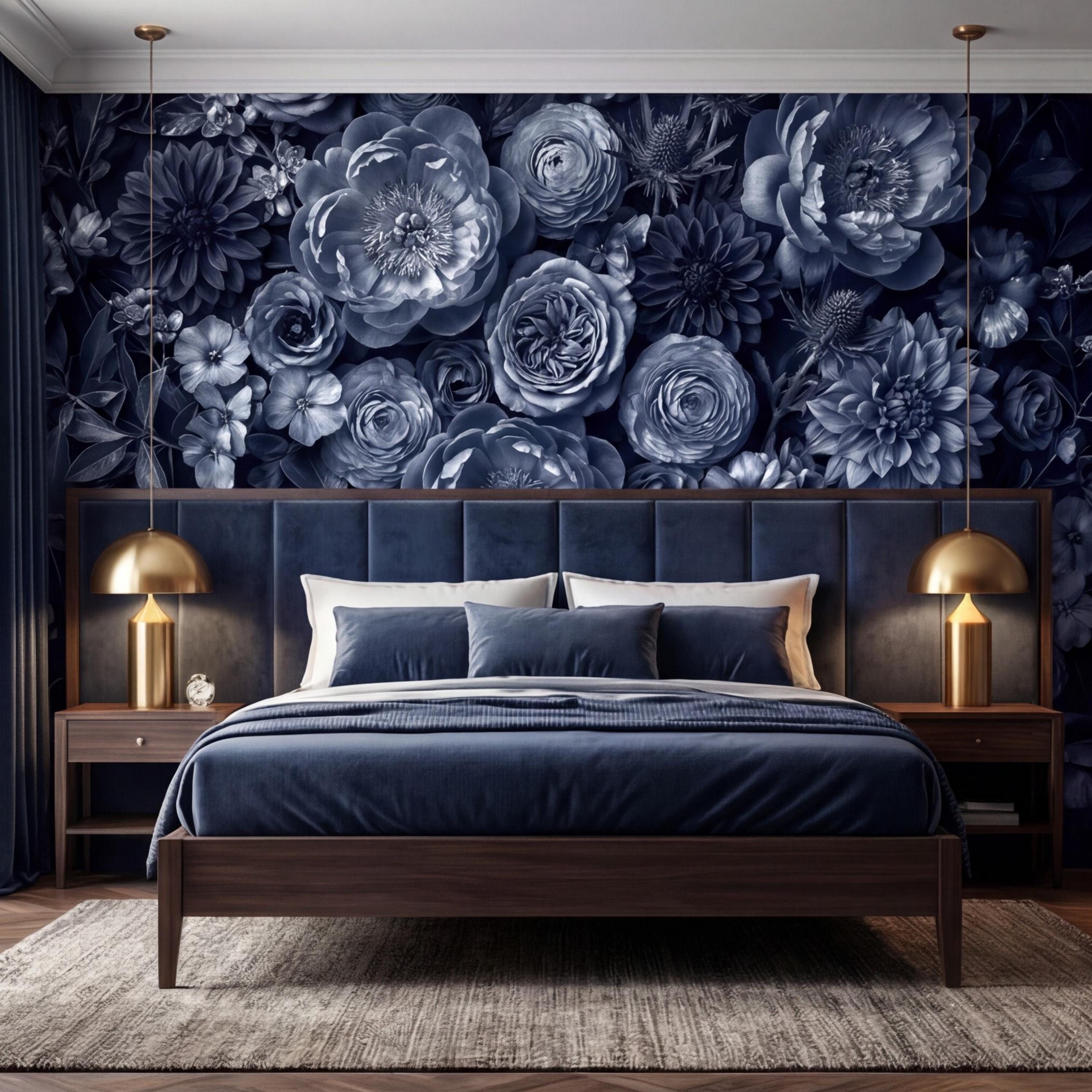 Dark Blue Floral Peel and Stick Wall Mural, Moody Monochrome Peony Rose Dahlia Wallpaper, Elegant Flower Wall Decor