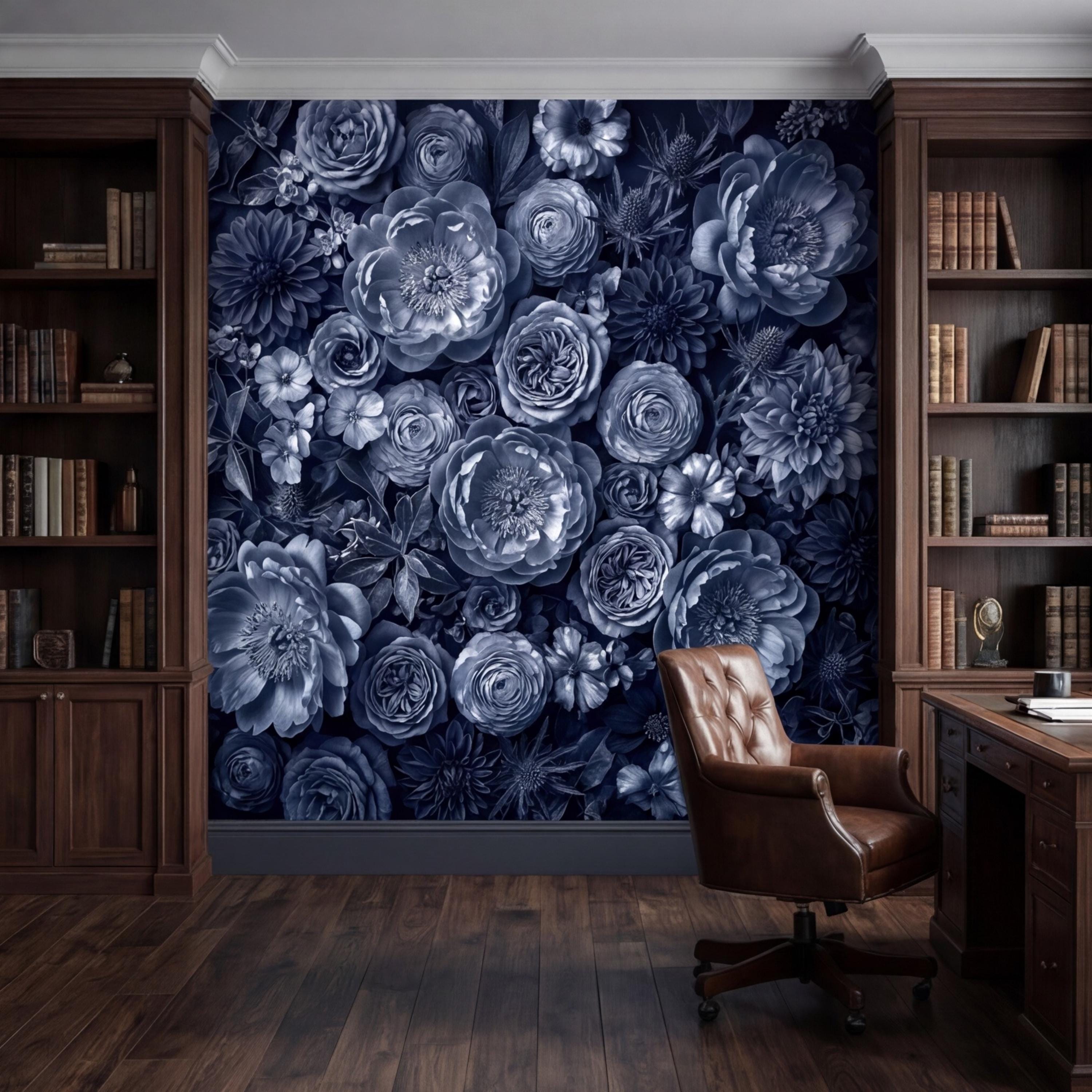 Dark Blue Floral Peel and Stick Wall Mural, Moody Monochrome Peony Rose Dahlia Wallpaper, Elegant Flower Wall Decor