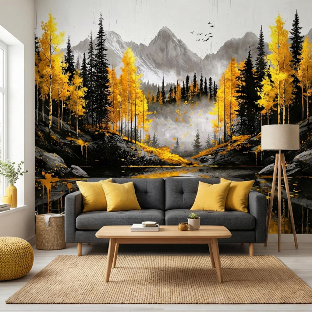 Autumn Forest LakePeel and Stick Wall Mural , Yellow Aspen Trees Mountain Landscape, Modern Abstract Nature Wallpaper