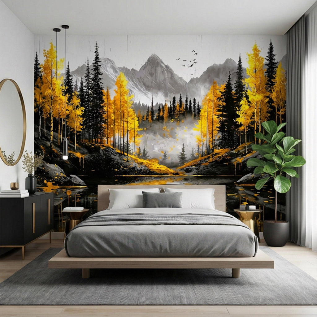 Autumn Forest LakePeel and Stick Wall Mural , Yellow Aspen Trees Mountain Landscape, Modern Abstract Nature Wallpaper