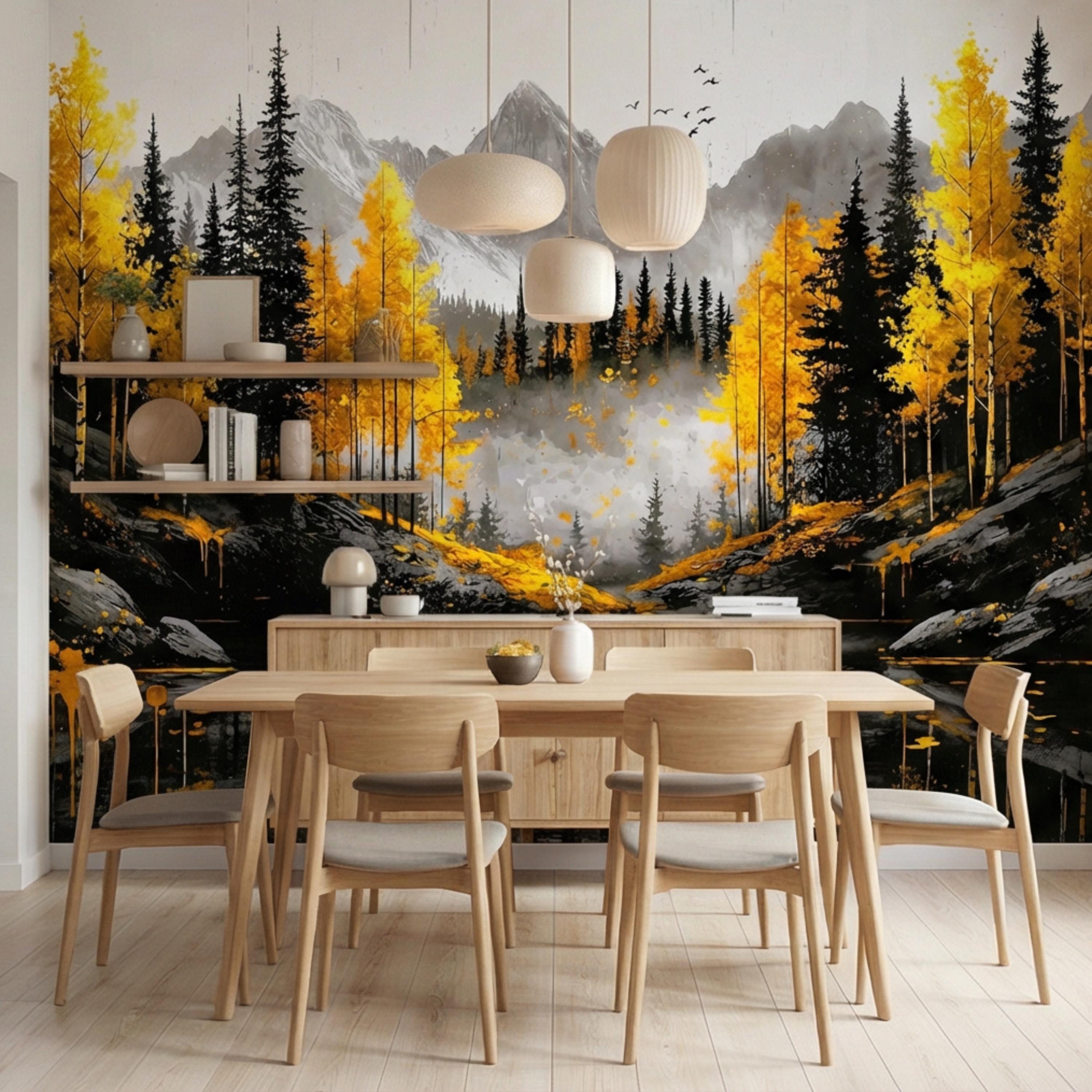 Autumn Forest LakePeel and Stick Wall Mural , Yellow Aspen Trees Mountain Landscape, Modern Abstract Nature Wallpaper