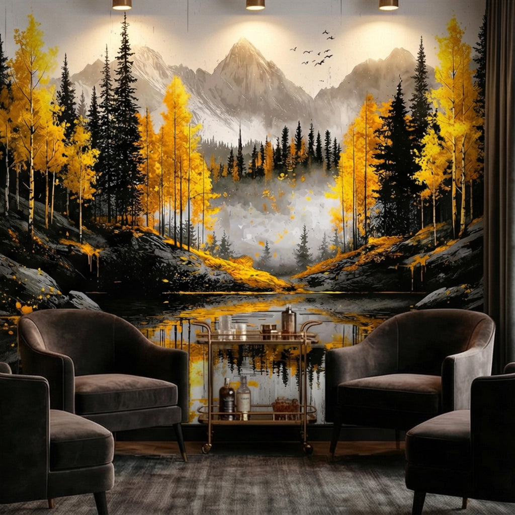 Autumn Forest LakePeel and Stick Wall Mural , Yellow Aspen Trees Mountain Landscape, Modern Abstract Nature Wallpaper