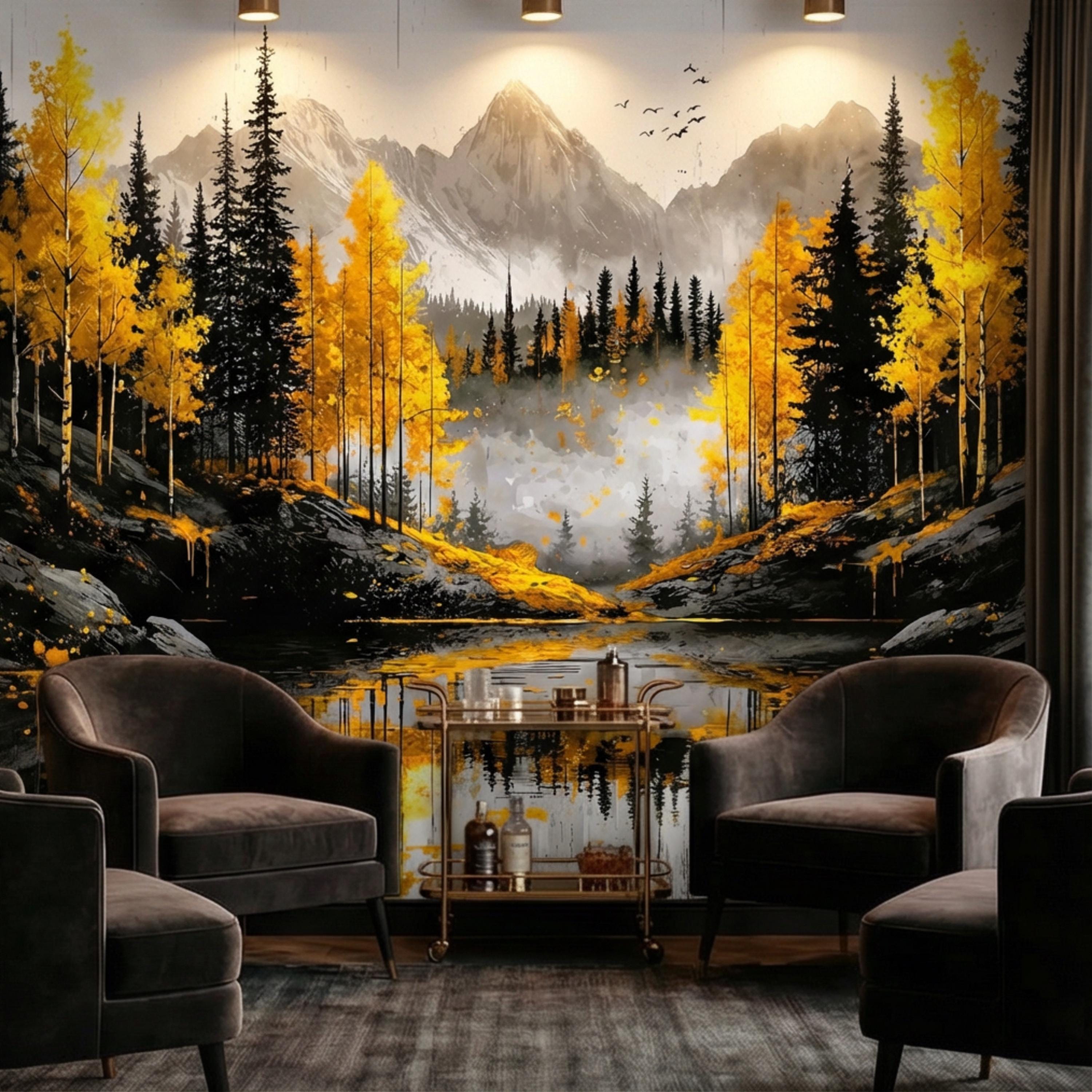 Autumn Forest LakePeel and Stick Wall Mural , Yellow Aspen Trees Mountain Landscape, Modern Abstract Nature Wallpaper
