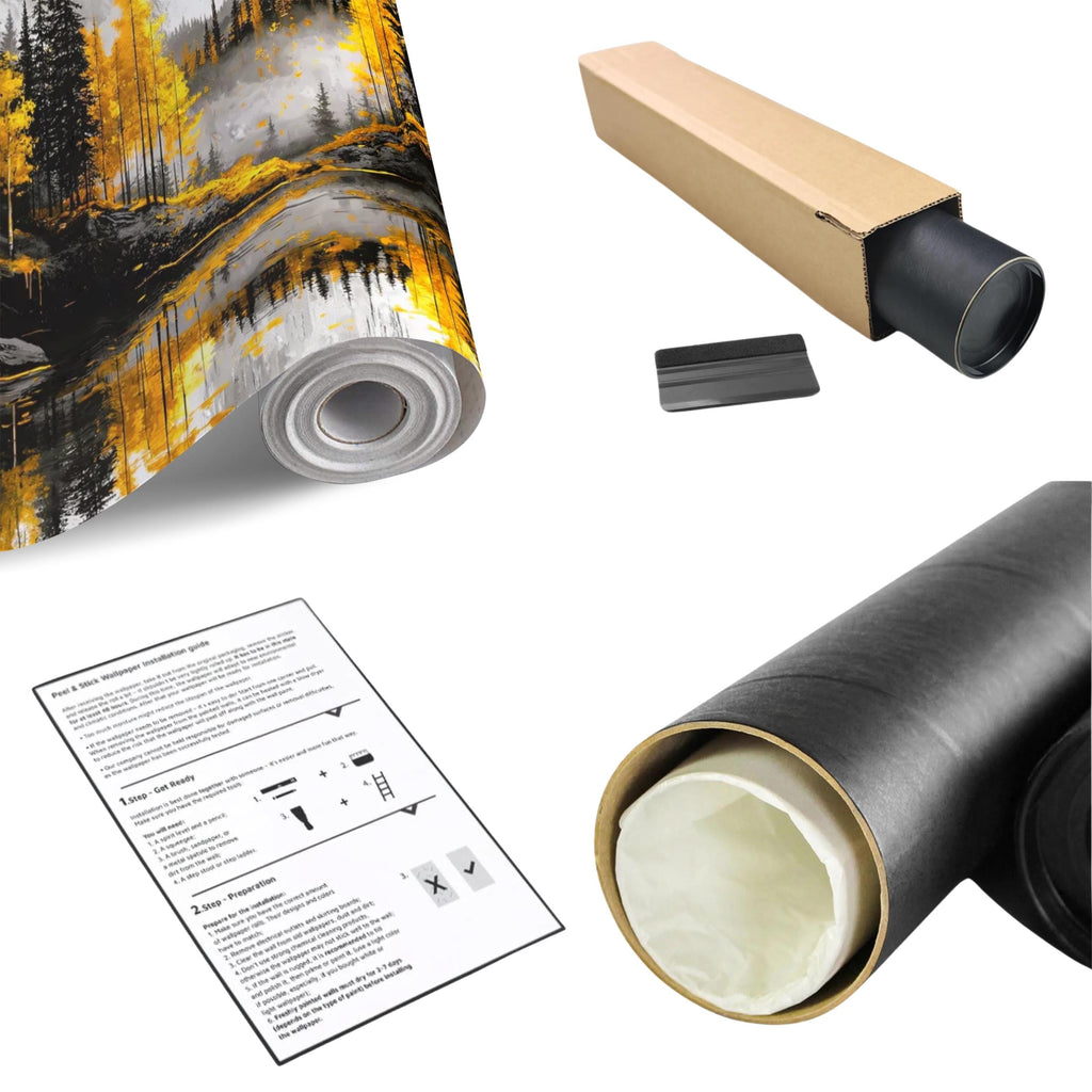 Autumn Forest LakePeel and Stick Wall Mural , Yellow Aspen Trees Mountain Landscape, Modern Abstract Nature Wallpaper