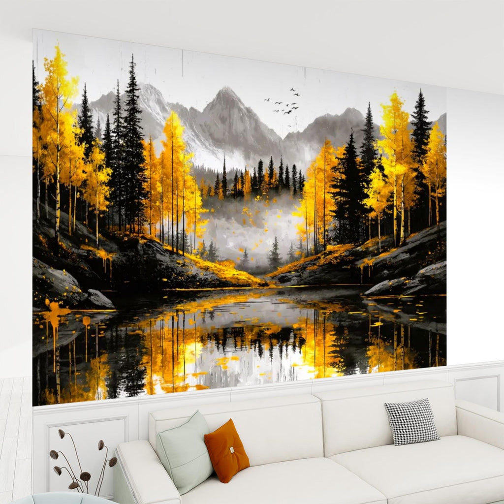Autumn Forest LakePeel and Stick Wall Mural , Yellow Aspen Trees Mountain Landscape, Modern Abstract Nature Wallpaper
