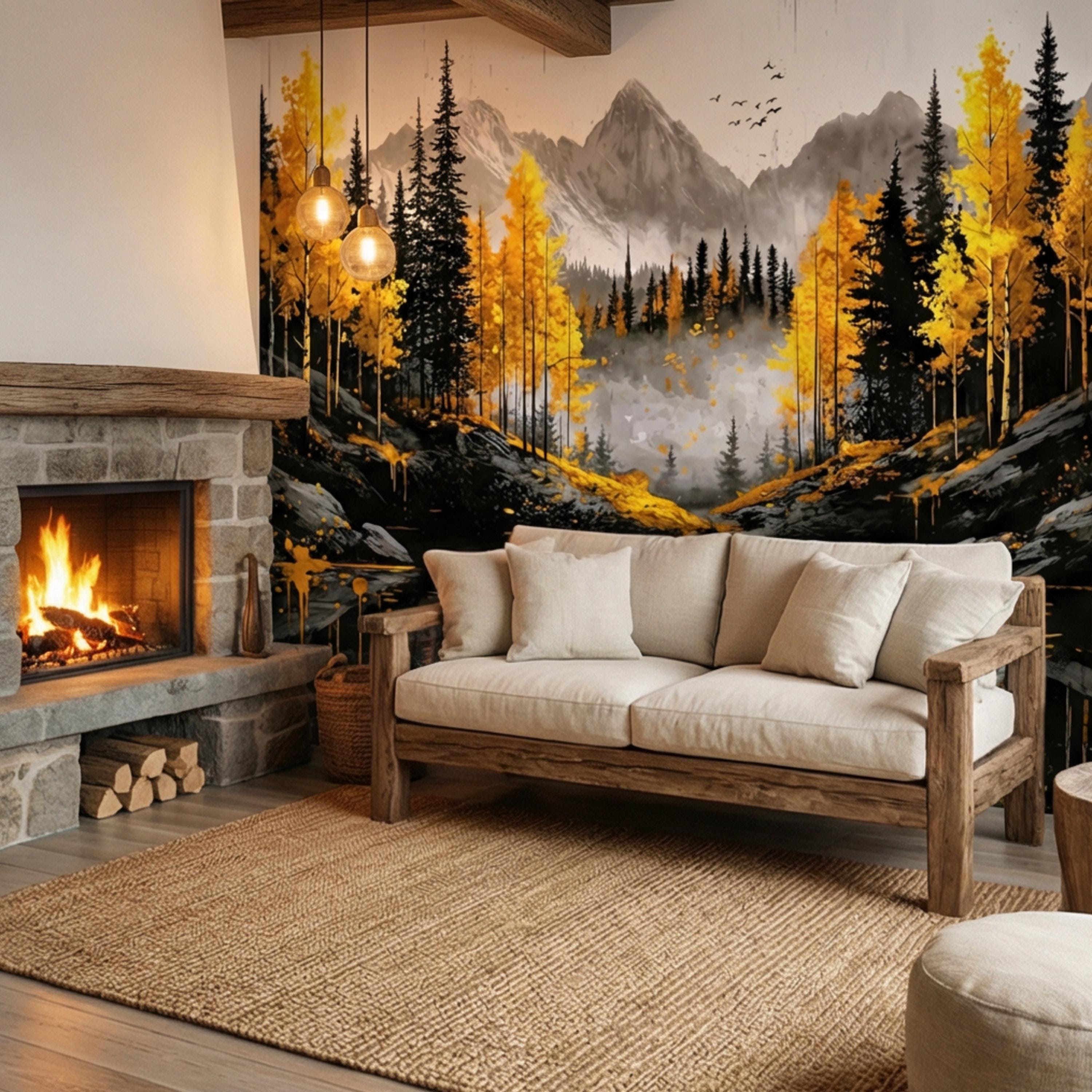 Autumn Forest LakePeel and Stick Wall Mural , Yellow Aspen Trees Mountain Landscape, Modern Abstract Nature Wallpaper