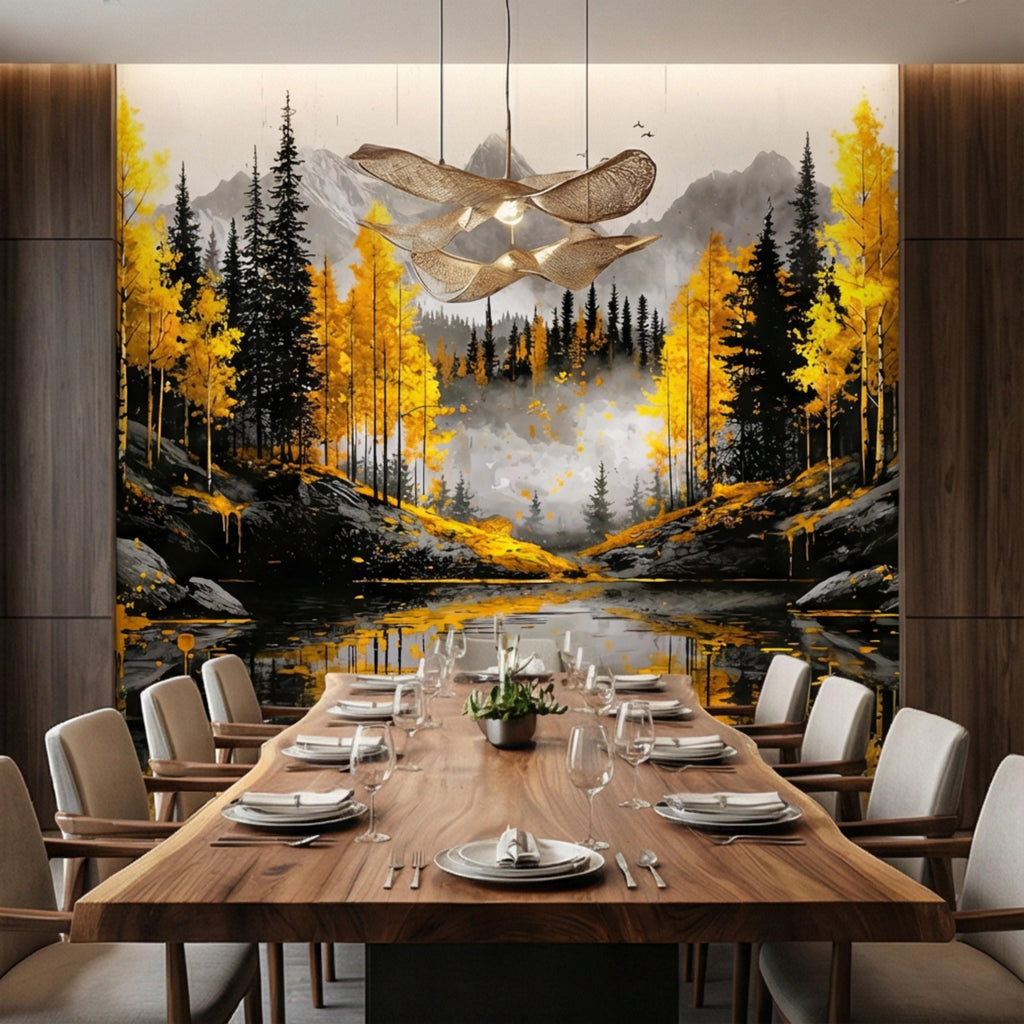 Autumn Forest LakePeel and Stick Wall Mural , Yellow Aspen Trees Mountain Landscape, Modern Abstract Nature Wallpaper