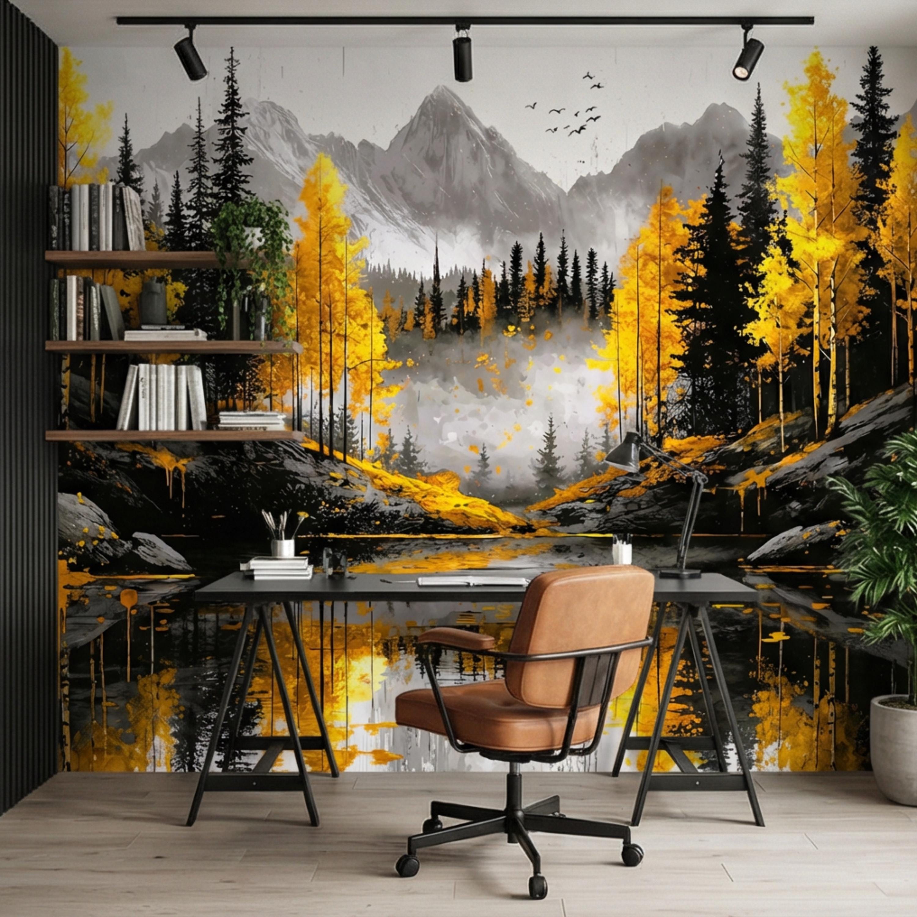 Autumn Forest LakePeel and Stick Wall Mural , Yellow Aspen Trees Mountain Landscape, Modern Abstract Nature Wallpaper
