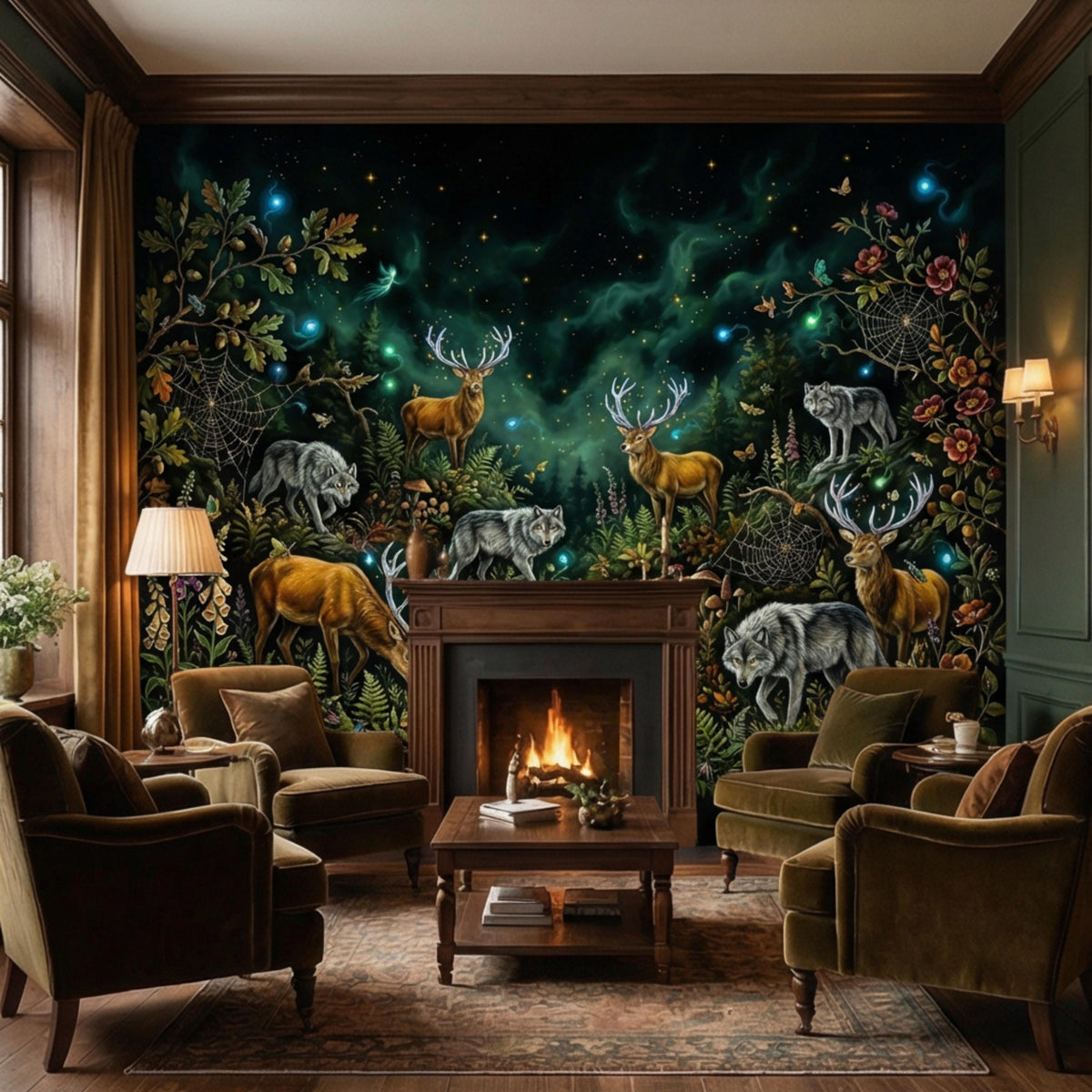 Woodland animal wall mural featuring wolves and deer under a starry night glow