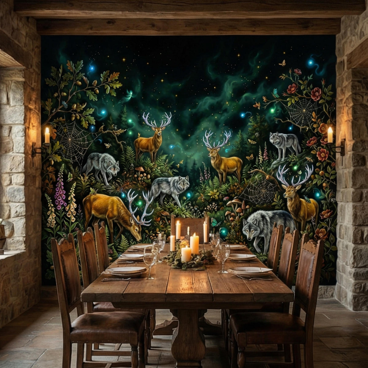 Enchanted forest wall mural with wolves and stags, lantern-like stars, and flowers