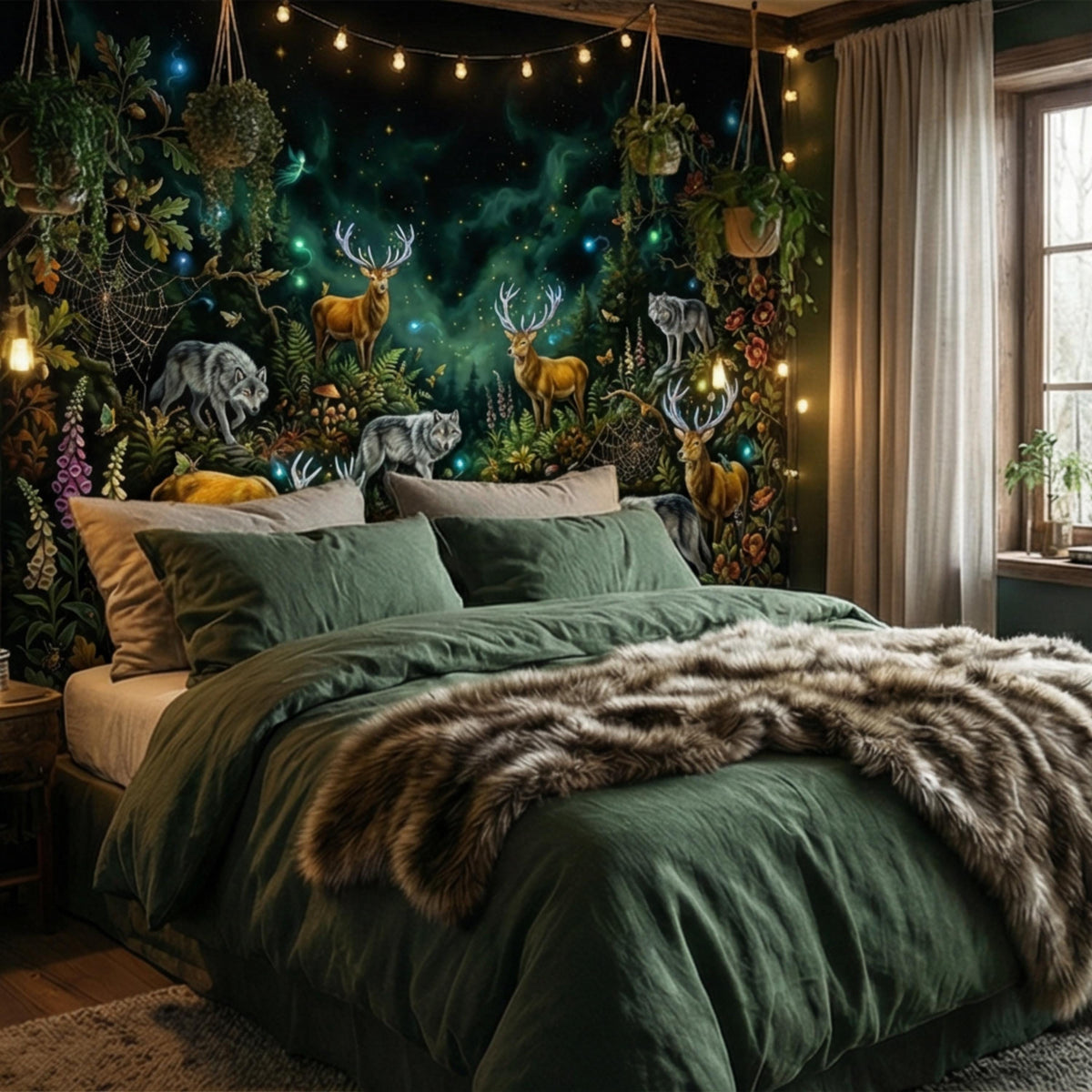 Magical night sky forest wall mural with wolves, deer antlers, and twinkling lights