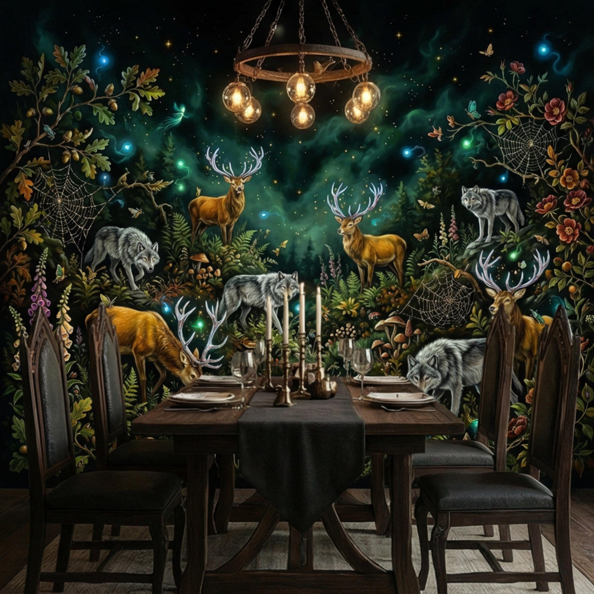 Magical woodland wall mural with wolves, deer, antlers, and glowing night sky lights