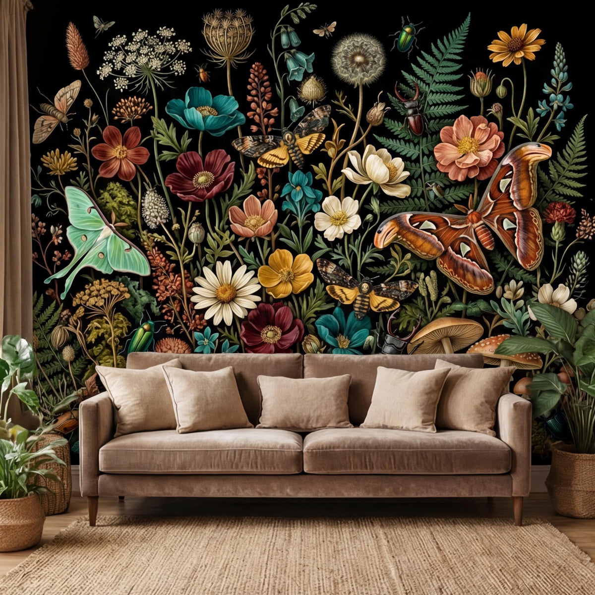Dark botanical wallpaper mural with wildflowers, moths, mushrooms, and butterfly accents