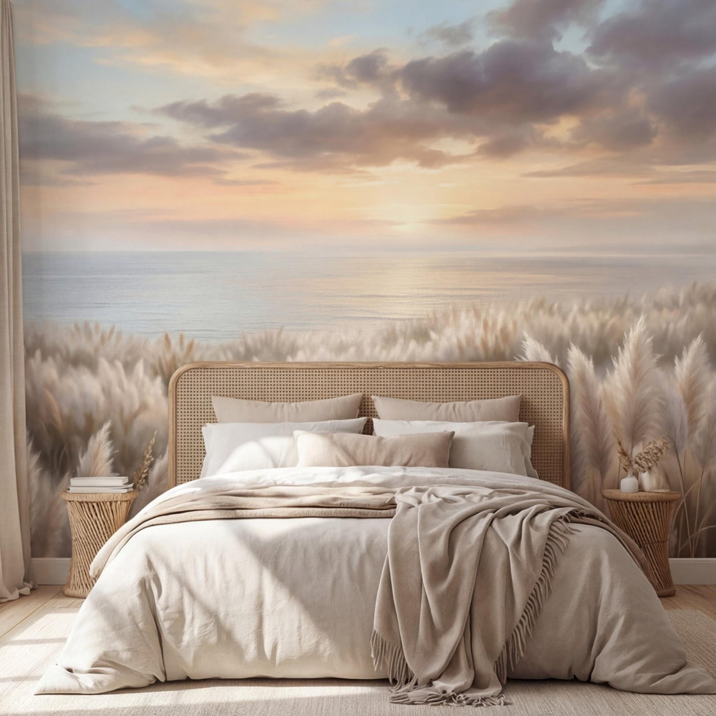 Pampas Grass Coastal Sunset Peel and Stick Wall Mural, Neutral Beige Beach Wallpaper, Boho Bedroom Living Room Wall Decor