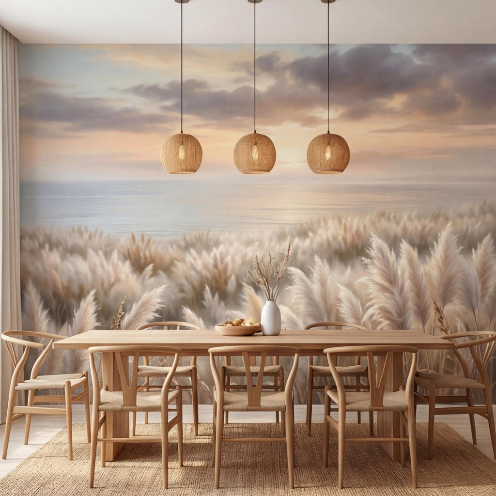Pampas Grass Coastal Sunset Peel and Stick Wall Mural, Neutral Beige Beach Wallpaper, Boho Bedroom Living Room Wall Decor