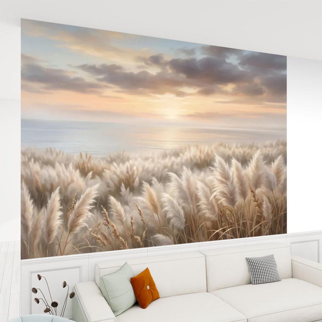Pampas Grass Coastal Sunset Peel and Stick Wall Mural, Neutral Beige Beach Wallpaper, Boho Bedroom Living Room Wall Decor